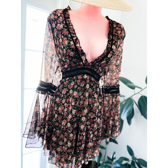 When Festivals Meet Falling Leaves boho floral floaty plunging mini dress - Picture 1 of 6